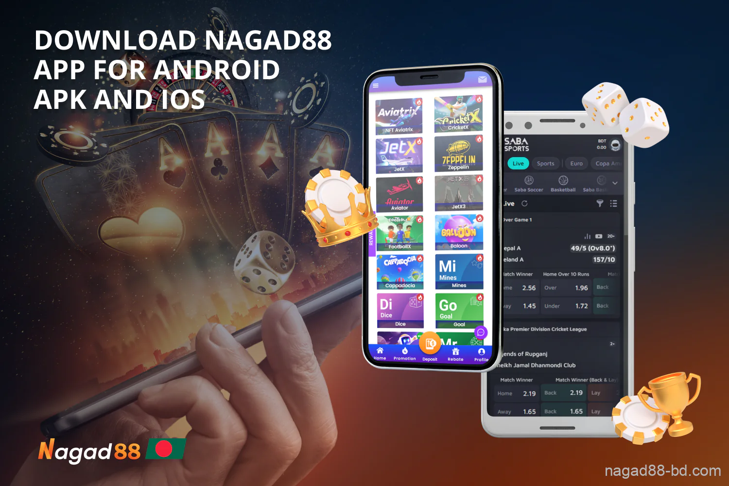 The Nagad88 mobile app for Android and iOS offers Bangladeshi players a wide range of slots, live casino games and sports betting options