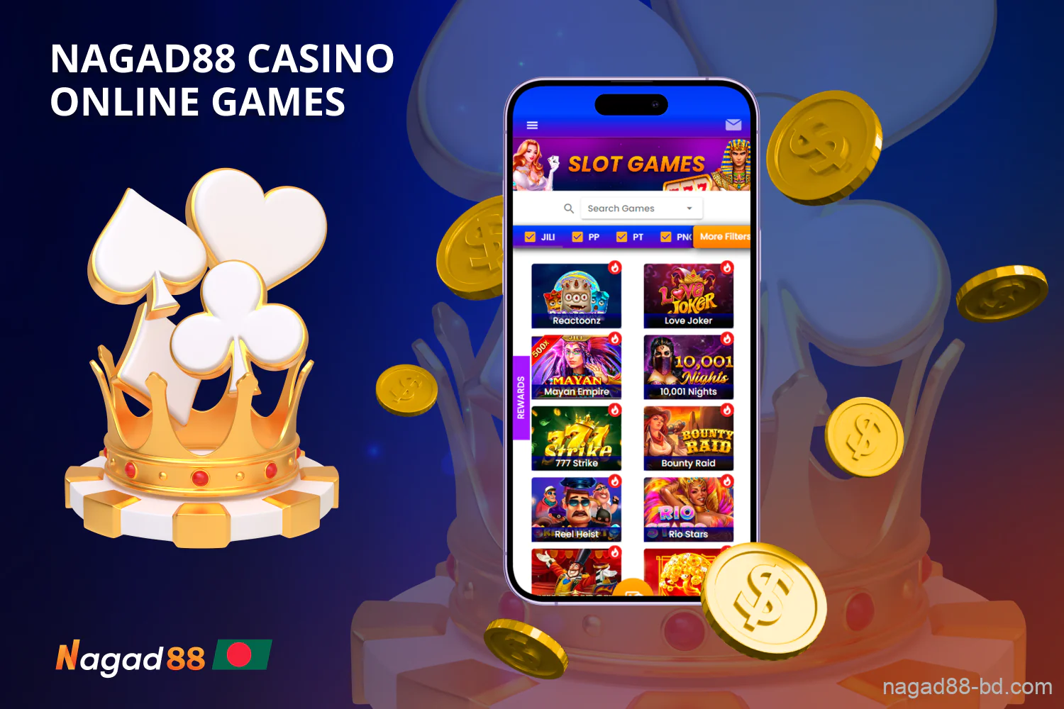 Nagad88 online casino offers users from Bangladesh thousands of games in genres such as slots, live casino, table games, crash games and many others