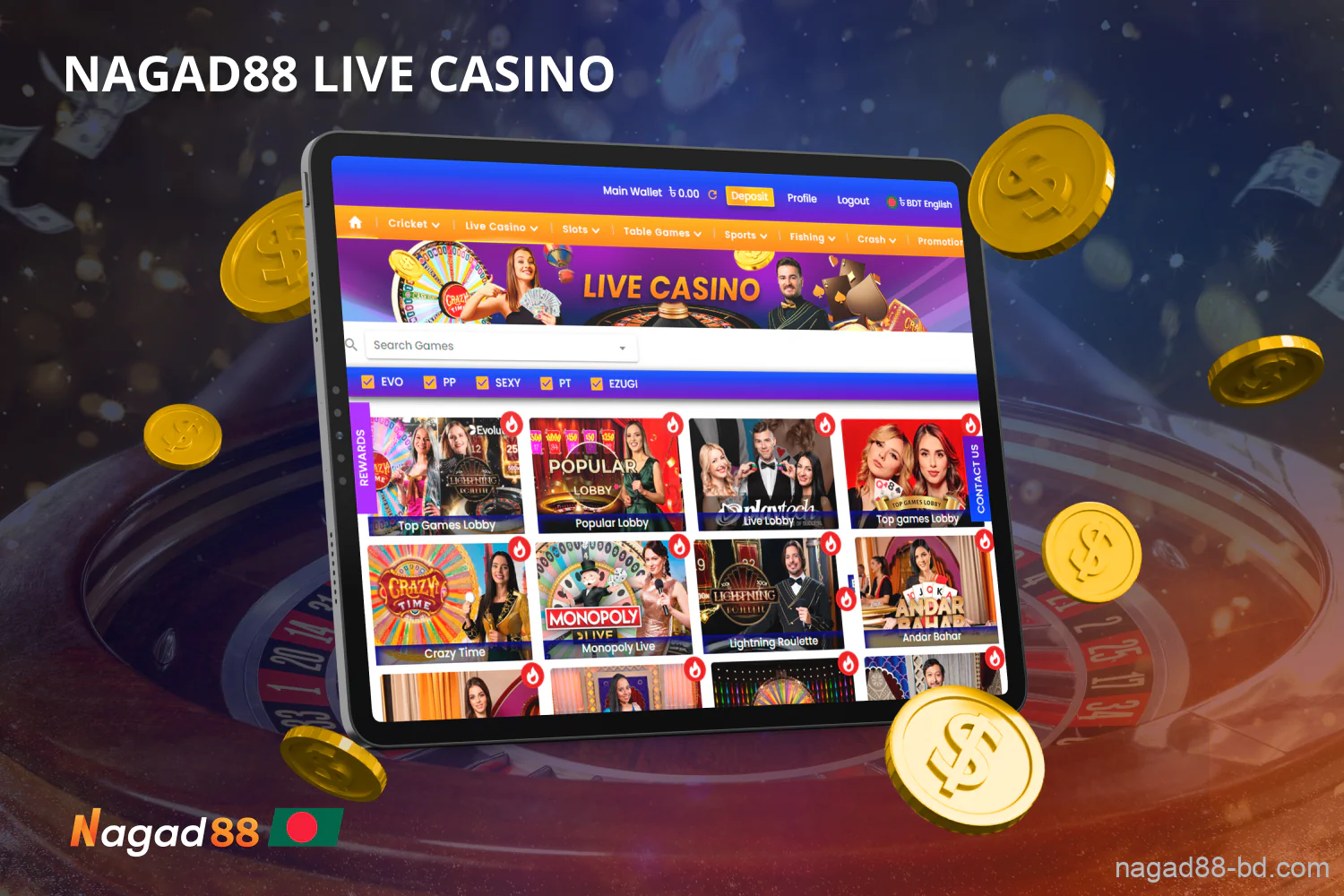 Nagad88 offers Bangladeshi users a large selection of live casino games to watch and bet on