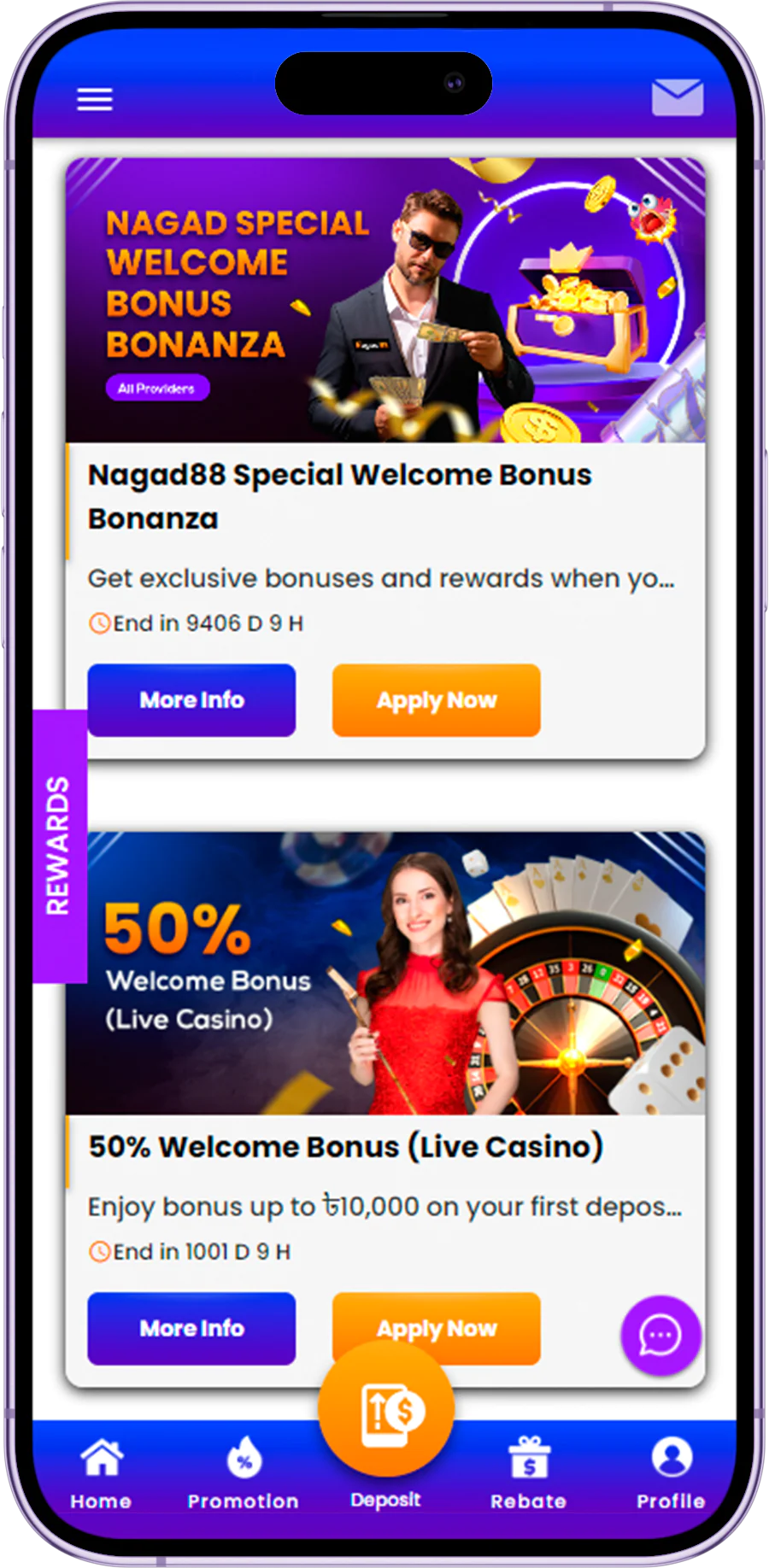 Bonuses and promotions are available to Bangladesh users on the Nagad88 app