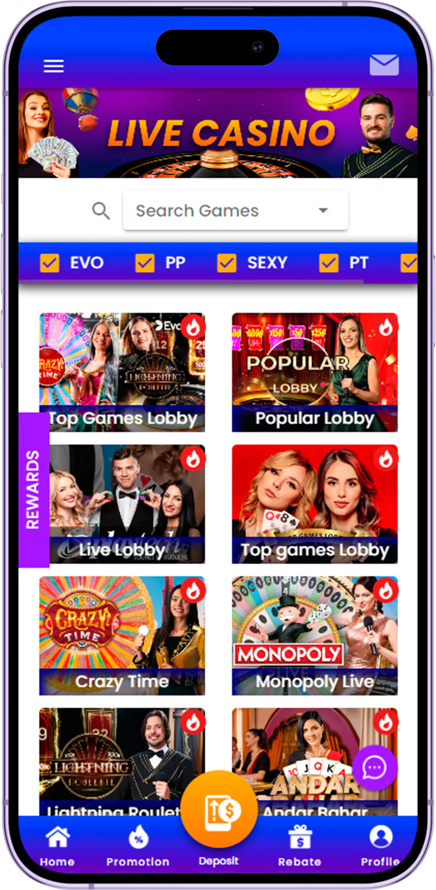 The Live Casino section of the Nagad88 app offers various live dealer games to users from Bangladesh